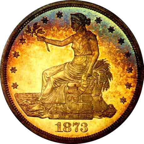 Seated Liberty Trade Dollar Liberty is depicted as a woman seated on a bale of cotton backed with a sheaf of wheat. Her eyes are level with the open sea, not uplifted as on domestic coins.