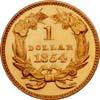Liberty as an Indian Queen The gold dollar was designed by James Longacre and minted from 1854 through 1889.