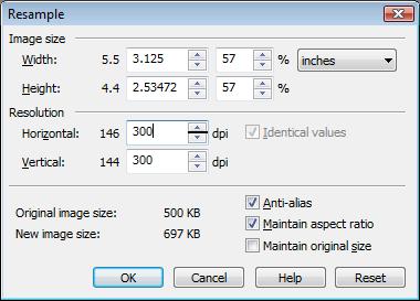 The Resample window comes up and, as you can see, there are two main parameters that can be changed; Size and Resolution. It s usually advisable to make sure Maintain aspect ratio is selected.