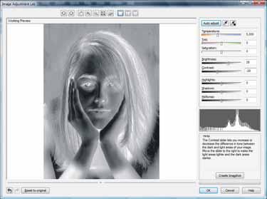 In the Image Adjustment Lab, increase the Brightness and decrease the Contrast.