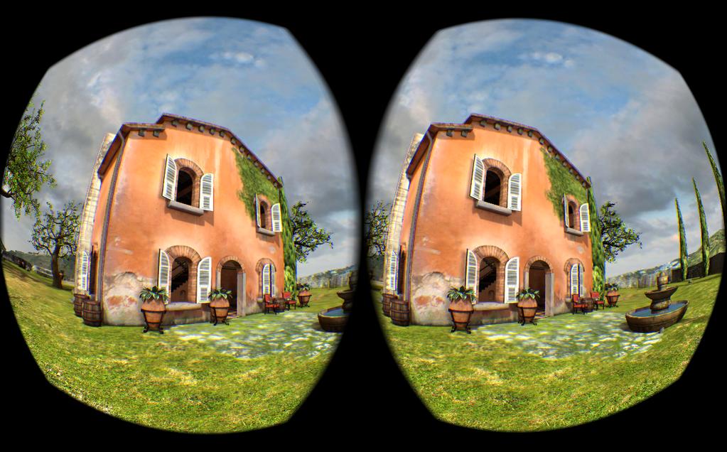 8 Rendering to the Oculus Rift Figure 8: OculusWorldDemo stereo rendering. The Oculus Rift requires split-screen stereo with distortion correction for each eye to cancel the distortion due to lenses.