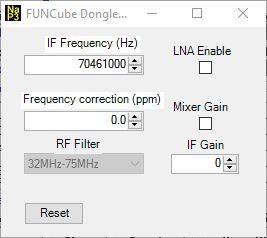 Illustration 14: Configuration for the Funcube dongle driver Now you can close the NaP3 configuration window, hit RUN and view the Mark V IF on the NaP3 display.