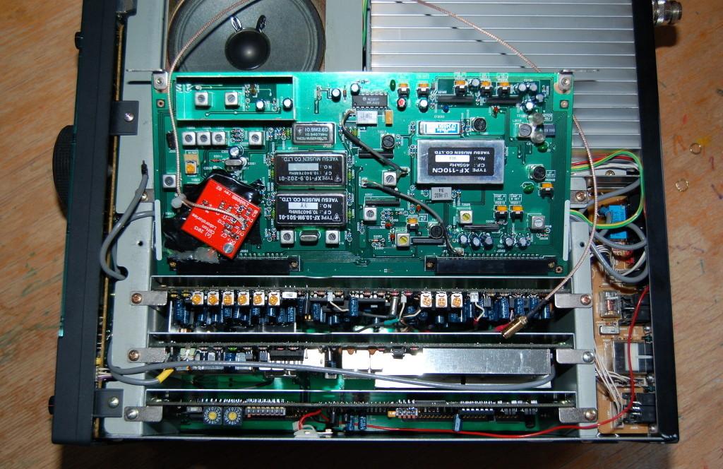 Figure 5: The RF unit board retrofitted with the IF 1 tap fits snugly within the innards of the Yaesu FT-990 HF transceiver.