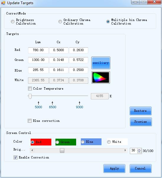 4 Full-Screen Calibration Figure 4-23 Change the target value Restore: Restore the calibration mode and target value to the value shown when the interface is opened just.