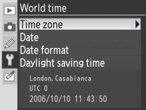 World Time Set the camera clock to the current date and time. Option Time zone Date Date format Daylight saving time Description Choose the time zone.