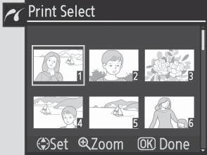 Option Description Print Select Print selected pictures (see below). Print (DPOF) Print current DPOF print order ( 73). Create index print of all JPEG photos, to maximum of 256.