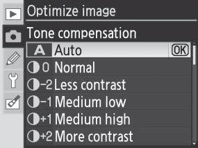 Tone compensation: Control contrast. Lower settings prevent loss of detail in highlights under harsh lighting or in direct sunlight.