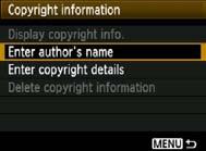 The text entry screen will appear. Select [Display copyright info.] to chec the copyright information currently set.