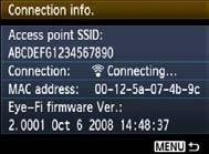 Using Eye-Fi Cards Transmission status icon 5 6 Chec the [Access point SSID:]. Chec that an access point is displayed for [Access point SSID:].