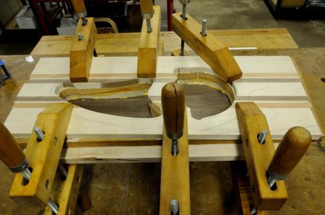 3. After the three upper lamination layers have been prepped with the recess areas removed, the next step is to glue up all four layer to make up the bowl blank.