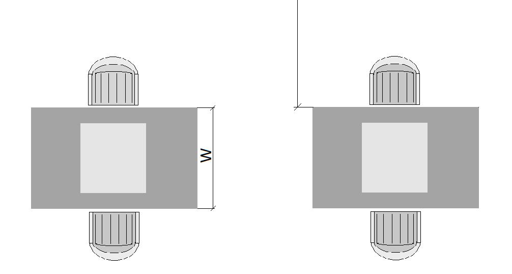 W = 85 cm, tolerances: +5 cm, -5 cm. : Horizontal space between table rows.