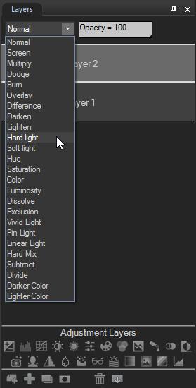 1. Select the layer. 2. Select a Blend Mode from the drop-down menu at the top of the Layers pane. 3. Move the Opacity slider at the top of the Layers pane.