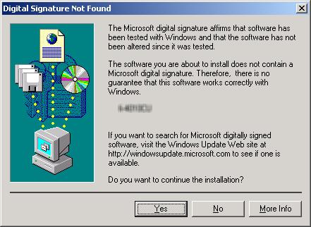 15. After the restart, the scanner is detected. Depending on the OS, the following operations may be required. In case of Windows 2000 [Digital Signature not Found] is displayed, click [Yes] button.
