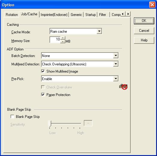 4.7.2 Job/Cache Figure Option dialog (Job/Cache) Caching Specifies whether to pre-read (cache) when a document is scanned. This option enables faster scanning.