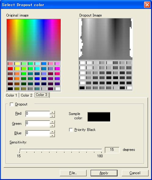 If [Custom Pattern 1 3] is selected, the following screen appears. Original Image A color sample will be shown. The dropout color can be selected by clicking the desired color with your mouse.