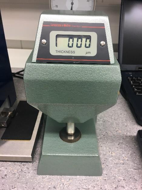 42 For thickness measuring, as standard ISO534 (2011) described, at least 4 pieces or area and no more than 10 pieces or area of each type of sample should be tested together, and thus get the