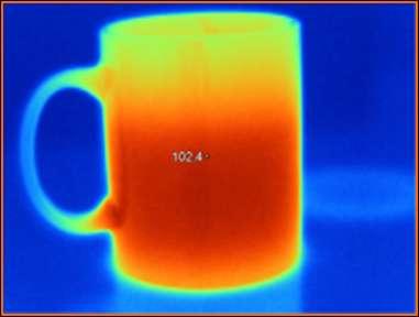 Coffee cup test procedure Results Set the camera emissivity to 1 Point the camera at the hot cup of coffee, make sure it is in focus and record the temperature Insert the window