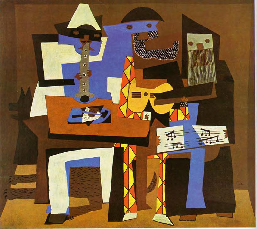 In comparison to Analytic Cubism, Synthetic Cubism is actually pushing several objects together.