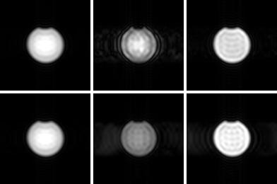 118 a b c d e f Figure 4.5: Effective TI magnitude images of the CuSO 4 phantom. Top row (a,b,c) are images using quadratic sampling for the first, third and eighth effective TI image respectively.
