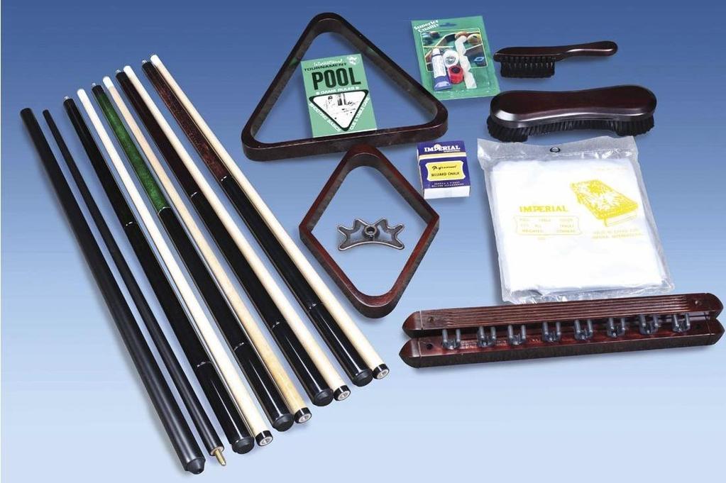 rack, table dust cover, tip repair kit, book on billiards, and a case of chalk. (Wood accessories match stain of table, and chalk matches cloth color.