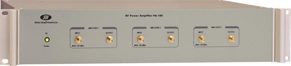 POWER AMPLIFIER, PA100 FEATURES DESCRIPTION The PA100 is a high gain power amplifier in a 2U rack mount enclosure. The instrument contains three RF power amplifiers with 10 MHz to 200 MHz bandwidth.