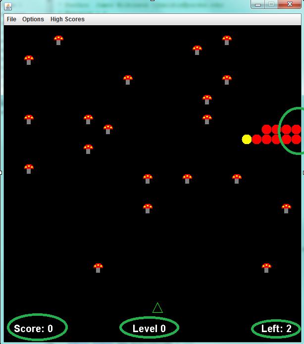 [Figure 5.10 - Centipede moving away from a wall with game stats at the bottom of the screen] 9. Add collision detection for the Ship. a. Bound the Ship to within the bottom four rows of the game play area.