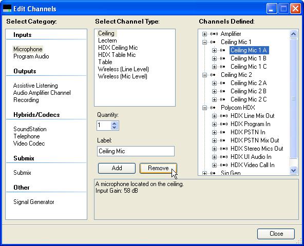 Within the Edit Channels dialog, select the microphone element to remove (refer to the