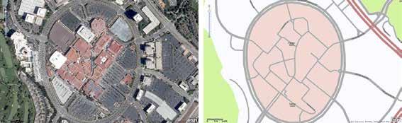 Figure 1-1. Two views of Fashion Island shopping center in Newport Beach, California, in 2009. The left image is an aerial photograph, and the right image is a typical computergenerated map.