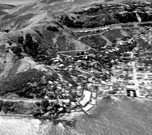 Figure 1-3. A grayscale image draped over a digital elevation model of Sausalito, California, in 1991. Image and elevation data courtesy of US Geological Survey. Visualization created by the author.