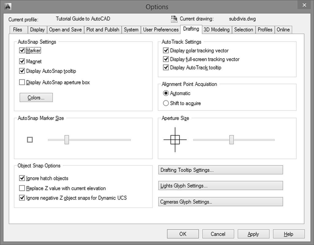 USING OBJECT SNAP 69 The Options dialog box appears on your screen as shown in Figure 2.19. You can use it to change Marker size, color, and settings.