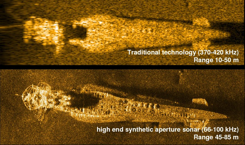 11 FIG. 33 Comparison of traditional sidescan sonar with synthetic aperture sonar. Images collected by HUGIN AUV. Courtesy of Kongsberg Maritime / FFI. documentation of the seafloor.