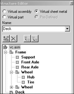 Activity: Virtual component editor Select the Wheel assembly and click the Virtual part option. Enter Hub, and then enter Tire in the Name box. Select vc.asm.