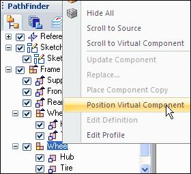 Activity: Virtual component editor On the Assembly PathFinder tab, right-click the virtual component Tire and click Edit Definition.