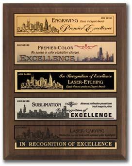 Engraving (-E): Engraving is a traditional, premium process available on brass or nickel plates Premier-Color (-C): Premier-Color reproduces striking full color, crisp graphics, type or photos on