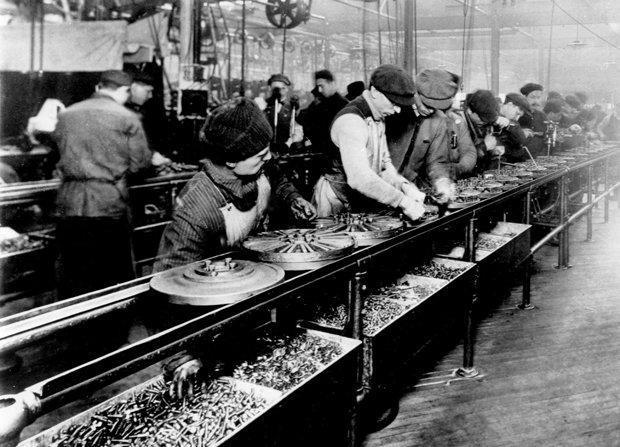 to the division of labor. Individuals were assigned specific tasks, which increased worker productivity and increased output of manufactured goods.