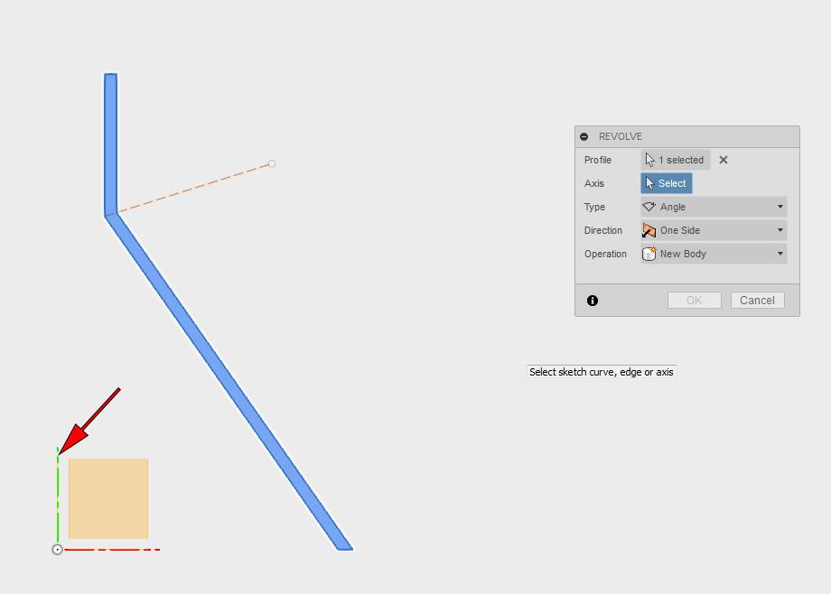 23. Select Revolve in the Create menu. Click on the profile to highlight it as illustrated below.