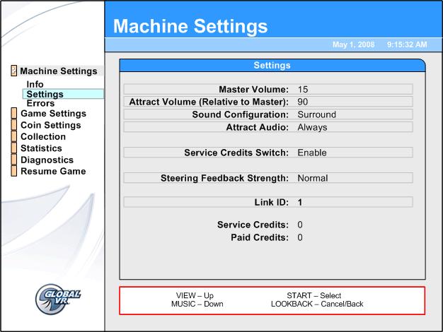 Machine Settings: Settings Menu This menu lets you set up audio, Service Credit Switch (if applicable), steering feedback strength, and Link IDs. It also displays available Service and Paid Credits.