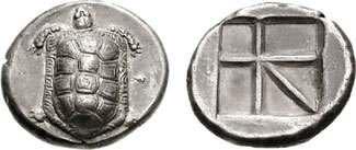 Plate III.1T. Aegina, C. 550 456 BC. AR stater (12.51 gm). "T-backed" sea turtle seen from above, head in profile, row of five dots down center of shell / "Skew" pattern incuse of five compartments.