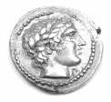 Plate IV.13T. Macedon, Olynthos. Chalkidian League, c. 400 B.C. AR Tetrobol. Laureate head right of Apollo; "gamma" below/kithara. Reverse inscription reads, (Money of) the Chalcidian (League). 2.