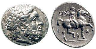 Olynthos, which Philip II destroyed (see above). The reverse clearly was influenced by the 5 th Century coinage of Syracuse (below). Plate IV.15T. Macedonian Kings, Philip II, 359-336 B.C. AV Stater, 8.