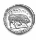 Apollo advancing to right holding branch in right hand and small daimon figure on outstretched left arm who carries two branches; stag in field to right. Rv. Incuse image to left of the obverse.