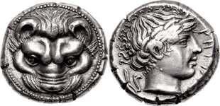 BRUTTIUM, Rhegion. Circa 415/0-387 BC. AR Tetradrachm (23mm, 17.20 g, 1h). Facing lion s head / Head of Apollo right, wearing laurel wreath; olive sprig behind.