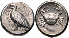 Sicily, Akragas, 465-446 BC. AR tetradrachm (24mm, 17.53 g, 4h). Sea eagle standing left; AKRAC ANTOΣ (partially retrograde) around / Crab within shallow incuse circle.