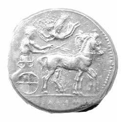 charioteer who is being crowned by Nike flying overhead. (Compare it to the obverse of the tetardrachms from Katane and Messana, above.) The reverse presents a scene as though in a painting.