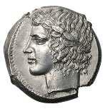 Plate V.14T. SICILY. Leontini. Ca. 430 BC. Silver tetradrachm (17.54 gm). Laureate head of Apollo left / LEO N TI NON, head of roaring lion left, laurel leaf behind, three barley grains around.