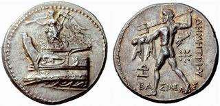 Plate VII.1. Demetrius Poliorcetes, 306 285. AR Tetradrachm, Pella circa 294-293 BC (17.26 g). Nike, holding trumpet and stylus, standing l. on prow. Rev.