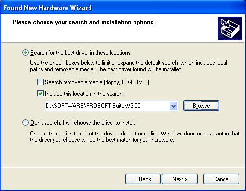TELETASK Handbook PROSOFT > Communication In the next screen, select "Search for the best driver in these locations" check "Include this location in the search",