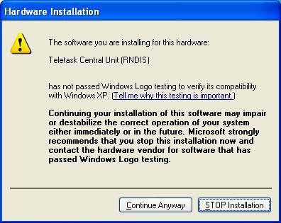 00 " (assuming that D: is the CD-Rom drive in which you have inserted the TELETASK CD-Rom) Windows will give a warning about the installation of the driver,