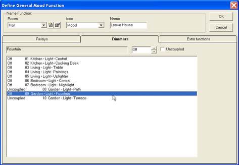 TELETASK Handbook PROSOFT > Functions 6.2.9. The General Mood function Description A General Mood describes the wanted status of all relay and dimmer outputs in a certain wanted situation.