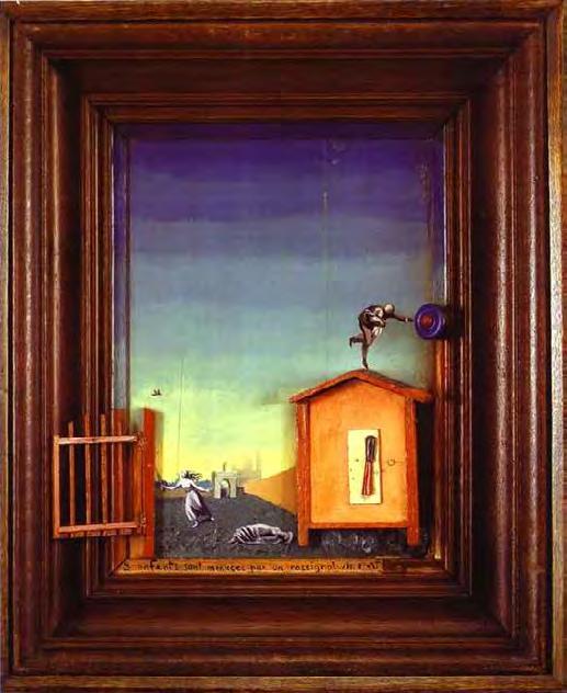 Max Ernst, during his Surrealist period, often employed found objects and cut images in his work, making for paintings with sculptural aspects.